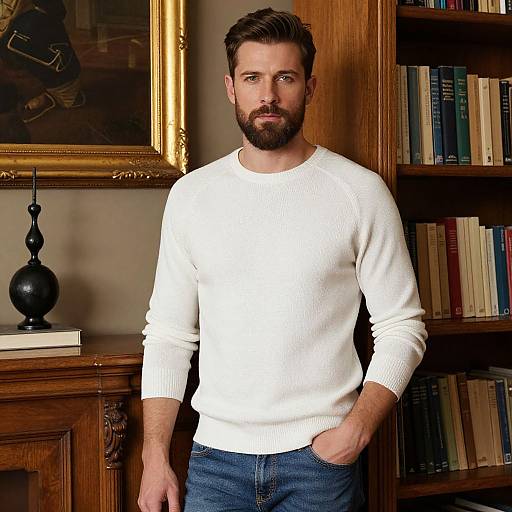 Bearded Man in White Sweater Standing by Bookshelf