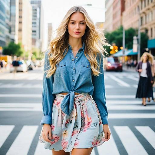 Young Woman Walking in City Wearing Denim Shirt and Floral Skirt