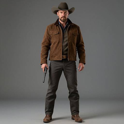 Rugged Cowboy Man with Revolver in Western Attire Standing Confidently