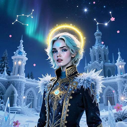 Fantasy Woman in Magical Icy Palace with Constellations and Halo