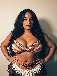 Woman in Bold Moana-Inspired Costume with Tribal Patterns
