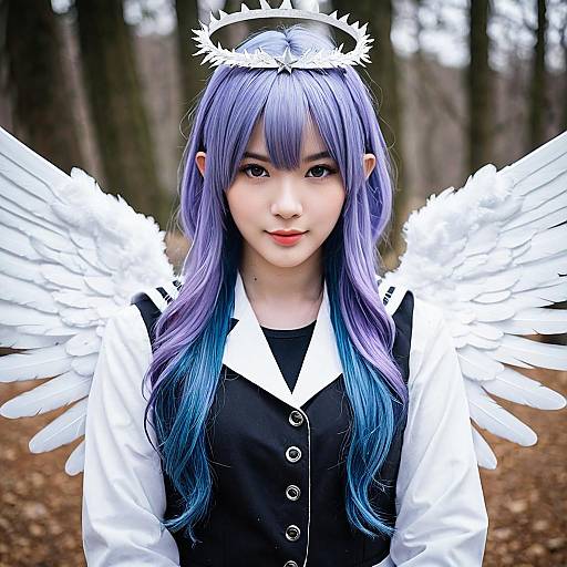 Angel Cosplay Woman with Purple to Blue Hair and Wings in Forest