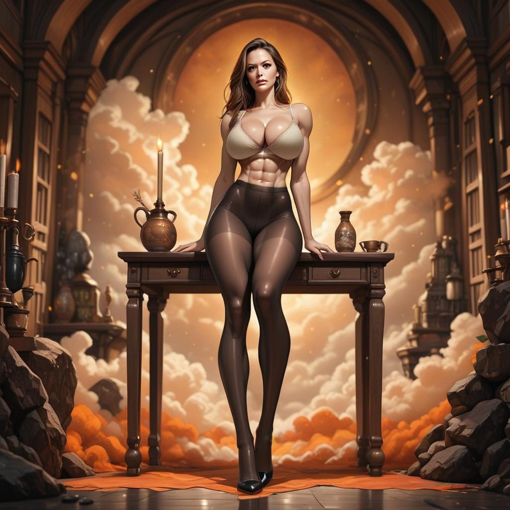 Strong Woman Leaning on Wooden Table in Ornate Classical Room with Dramatic Lighting
