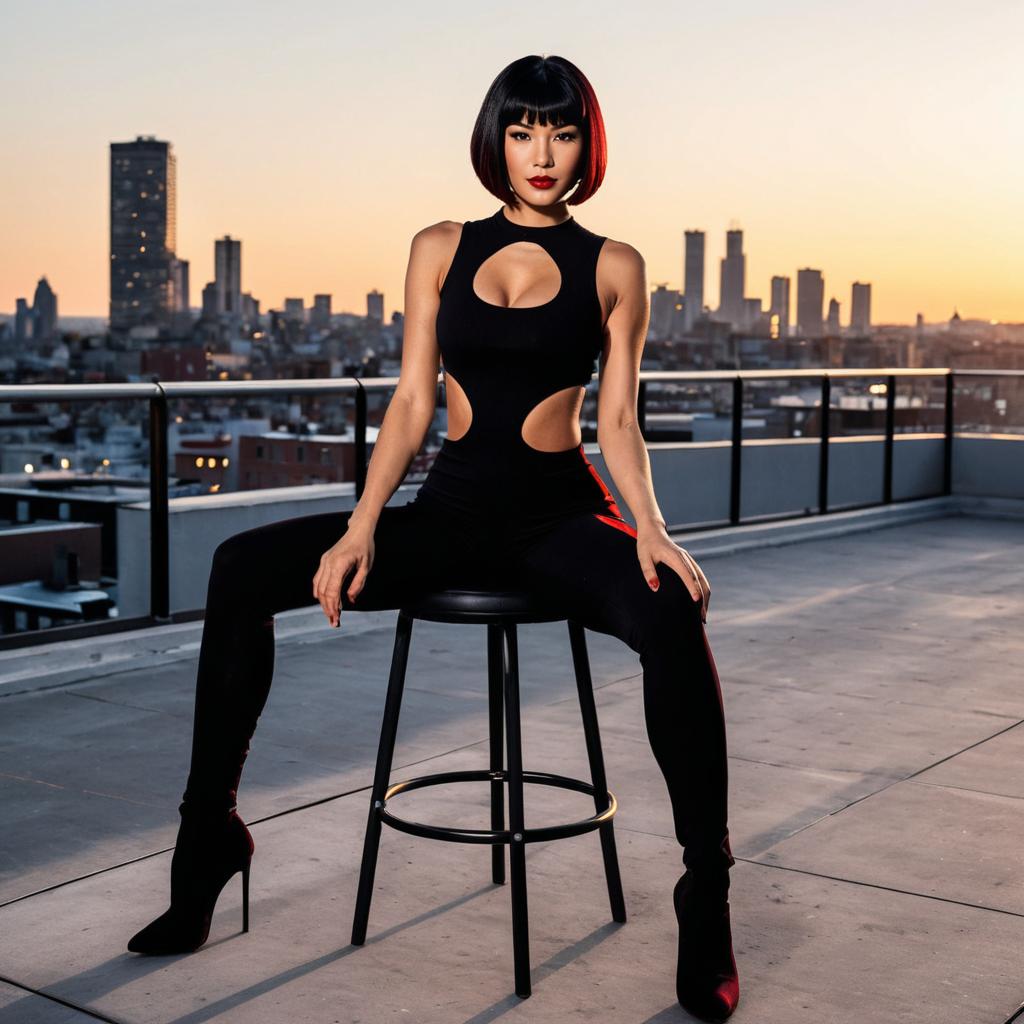 Confident Woman in Stylish Black Outfit on Rooftop at Sunset with City Skyline