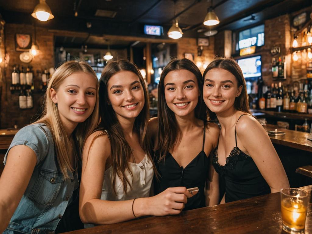 Four smiling women in cozy pub