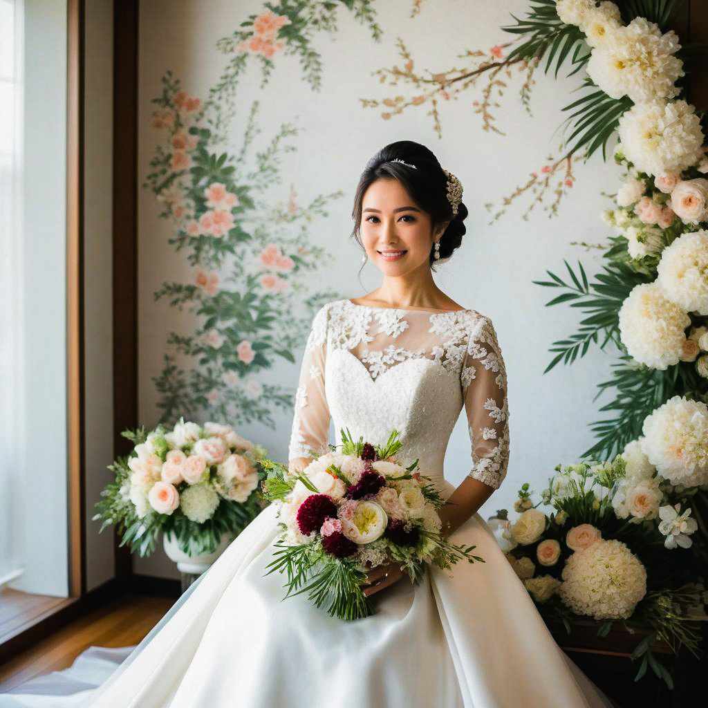 Radiant Bride in Elegant Wedding Gown with Floral Bouquet