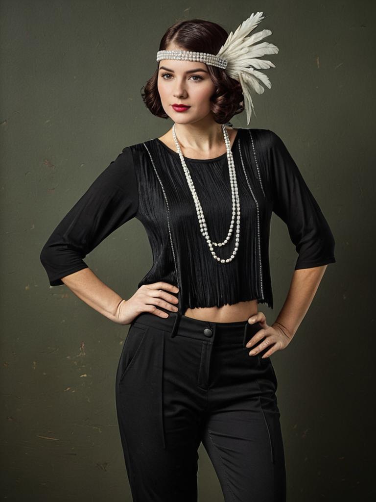 Woman in Black Flapper Costume with Pearl Headband and Feather Accessories