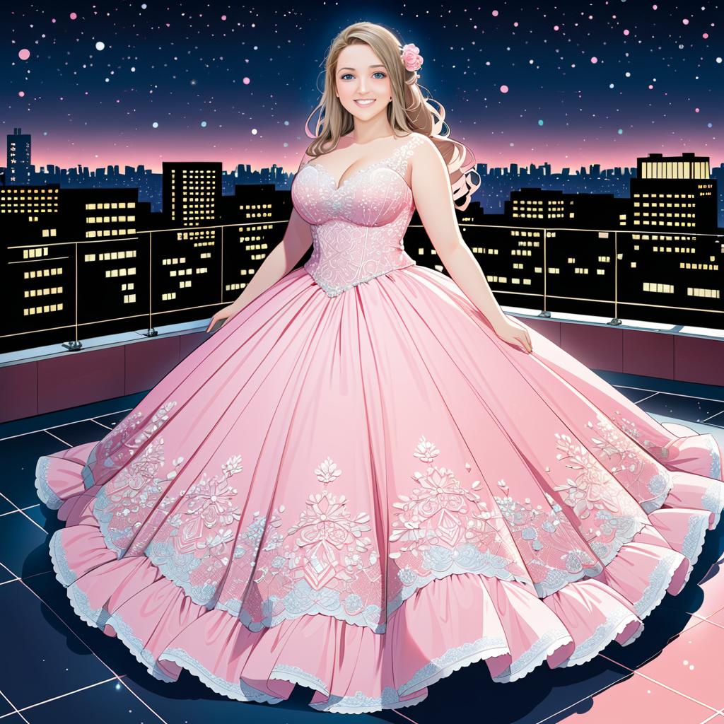 Elegant Anime Woman in Pink Ball Gown at Night