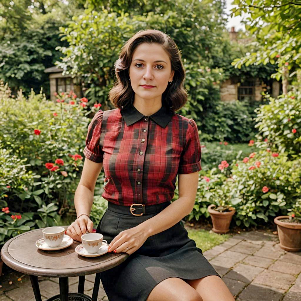 Elegant Woman in Plaid Top in Garden