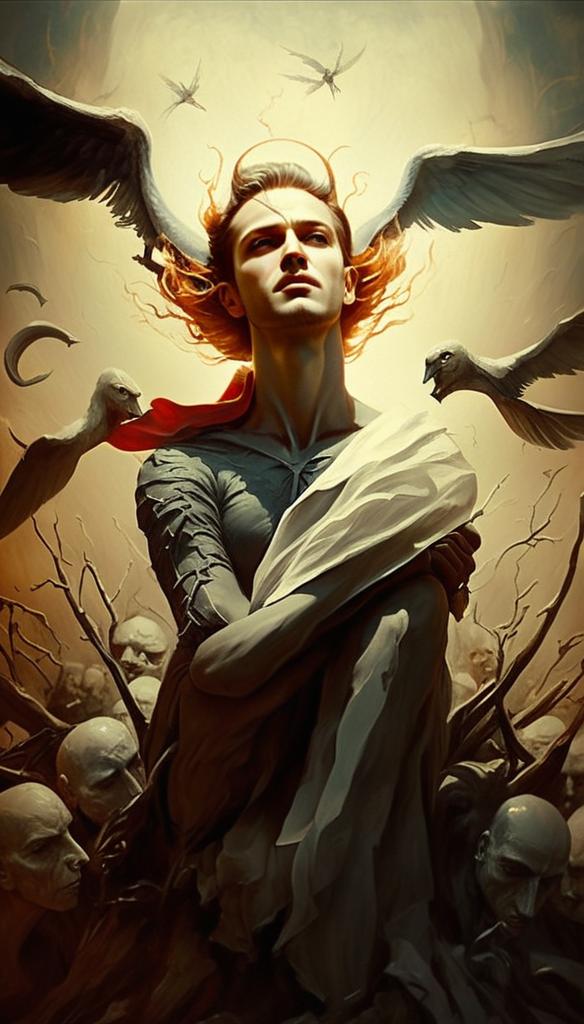 Solemn Man with Angelic Wings in Dark Fantasy Solemn Man with Angelic Wings in Dark Fantasy