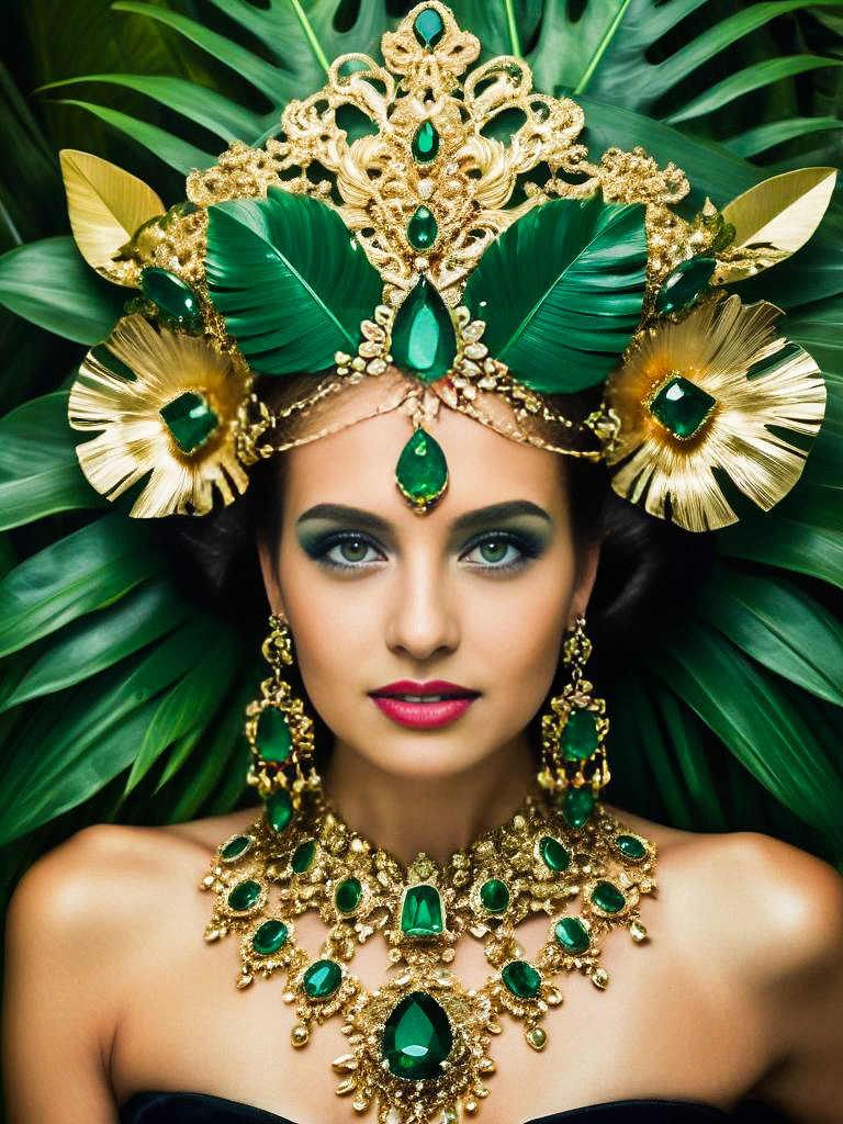 Regal Woman with Gold and Emerald Headdress in Tropical Setting