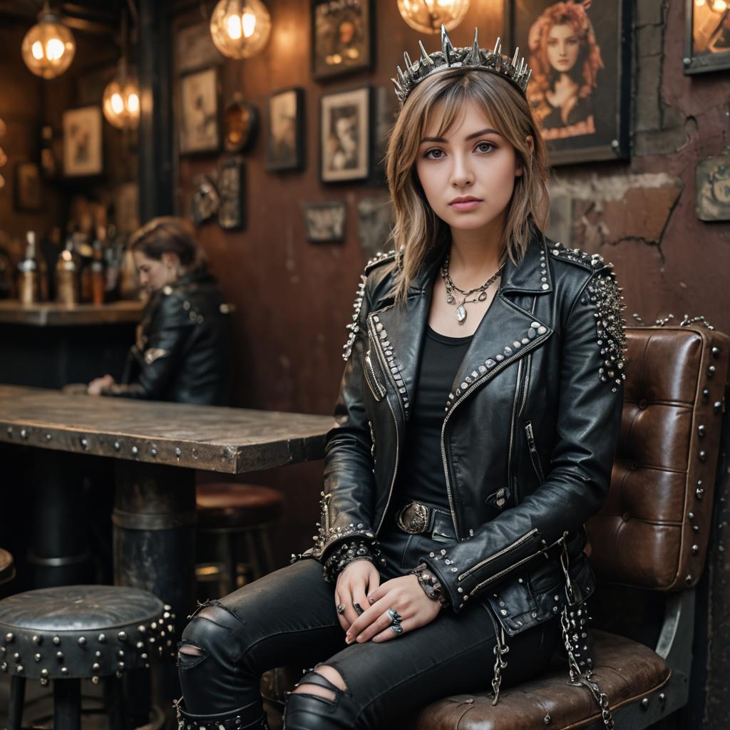 Punk Rock Woman in Leather Jacket at Rustic Bar