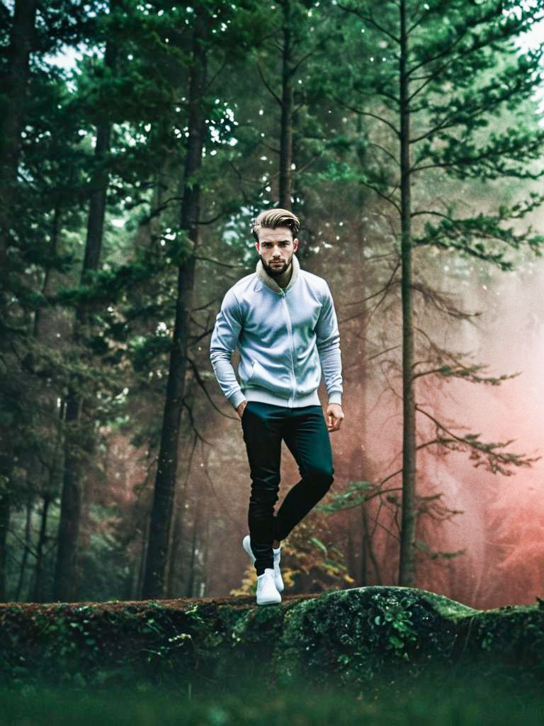 Young Man in Stylish Jacket in Misty Forest