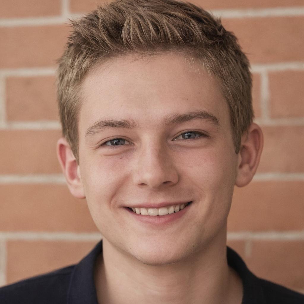 Smiling young man with blonde hair against brick wall