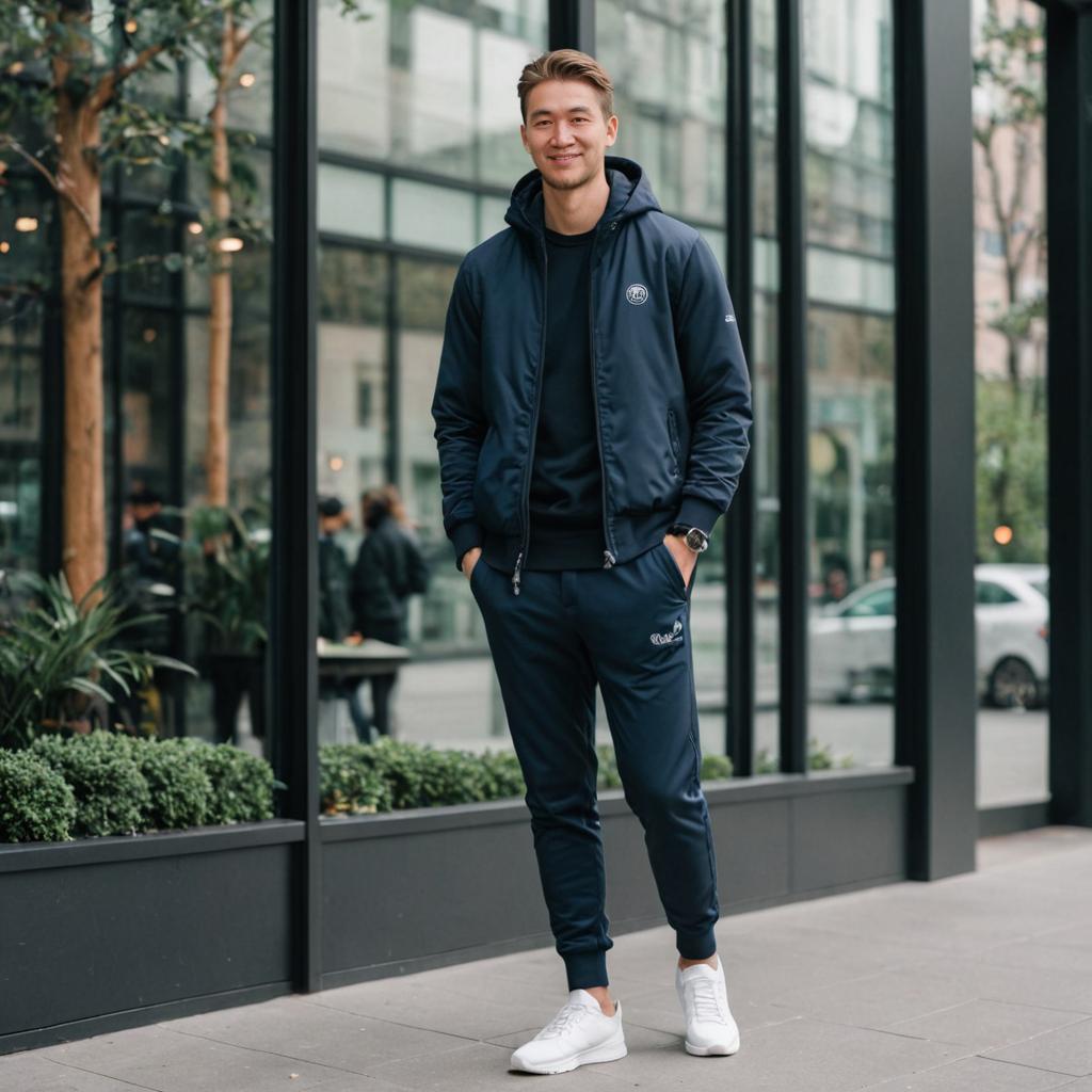 Confident man in casual athletic wear on city sidewalk