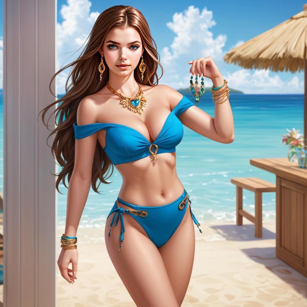 Stylish Woman in Blue Bikini at Beachside Digital Art