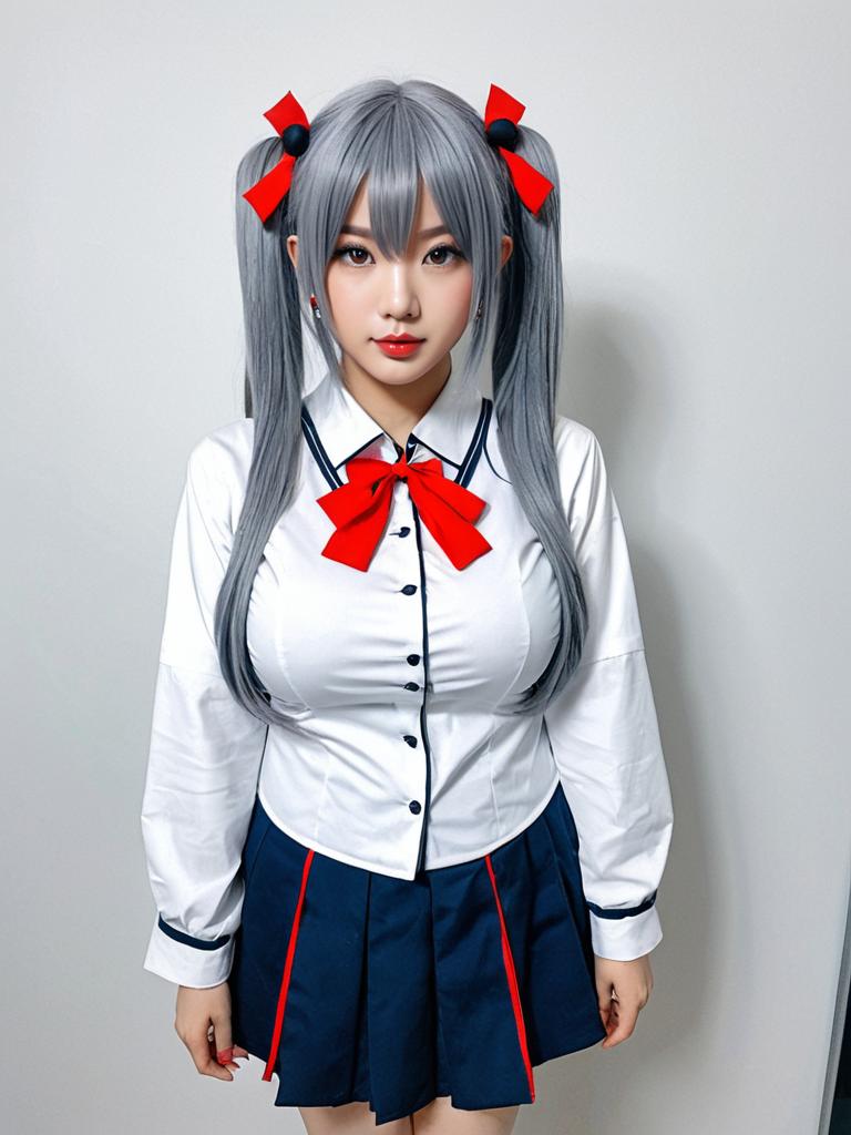 Realistic Anime Style Woman in School Uniform with Twin Tails and Red Bows