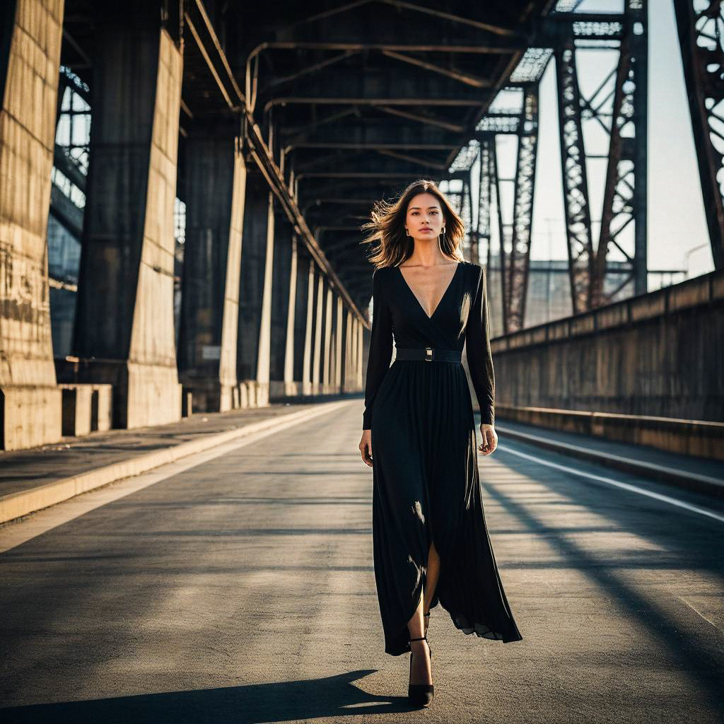 Confident Woman on Urban Bridge in Black Dress Confident Woman on Urban Bridge in Black Dress