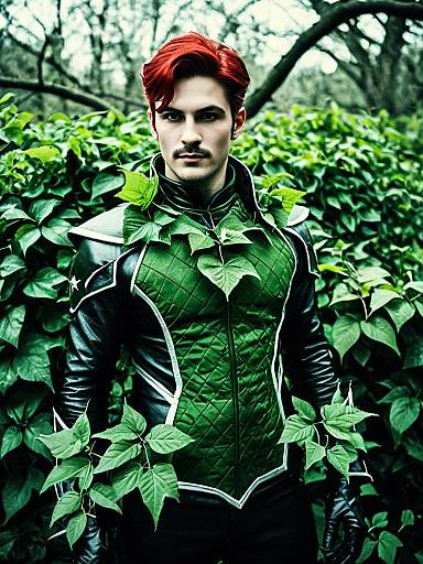 Man in Poison Ivy Cosplay Waist-Up Editorial Portrait Photorealistic