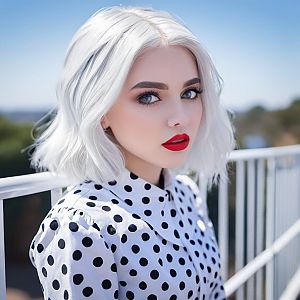 Young Woman with Platinum Blonde Bob and Red Lipstick