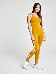 Woman in Mustard Yellow Athletic Leisure Unitard with Scoop Neckline and Side Stripes