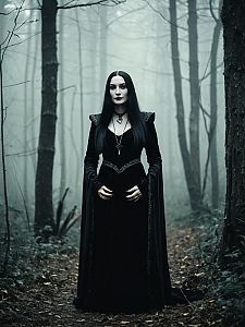 Woman in Morticia Addams Costume in Misty Forest Gothic Cosplay