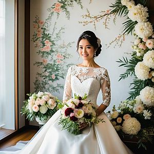 Radiant Bride in Elegant Wedding Gown with Floral Bouquet