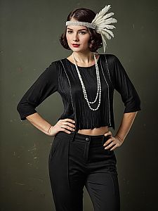 Woman in Black Flapper Costume with Pearl Headband and Feather Accessories