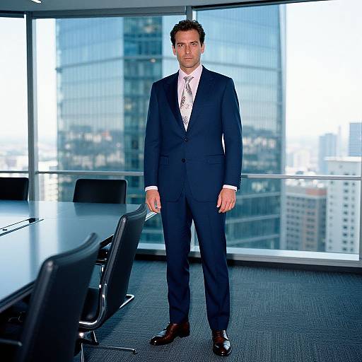 Confident Businessman in Navy Blue Suit in Modern Office