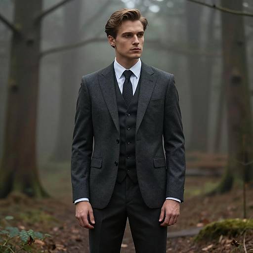 Young Man in Dark Grey Three-Piece Suit in Misty Forest