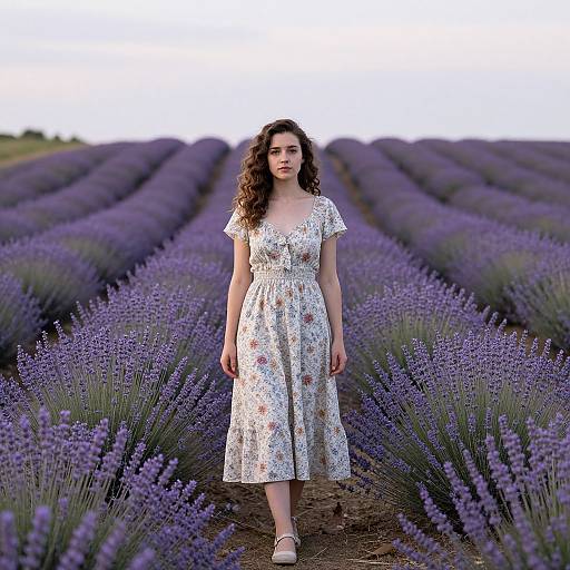 Woman Walking in Vibrant Lavender Field with Floral Dress