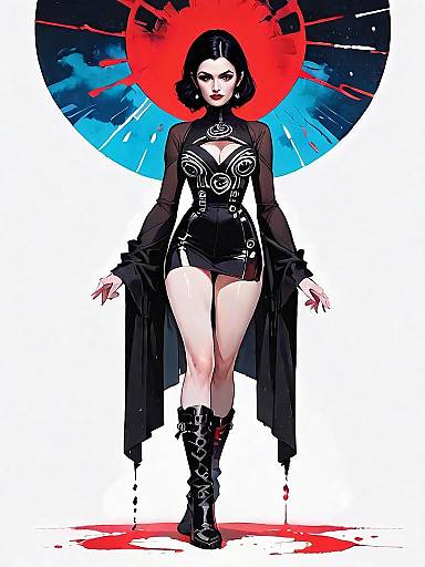 Bold Woman in Futuristic Black Outfit with Abstract Background - Comic Realistic Full Body Illustration