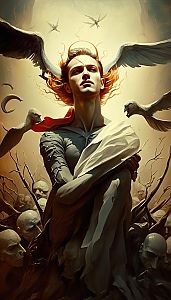 Solemn Man with Angelic Wings in Dark Fantasy