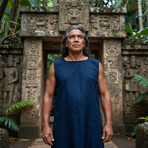 Mature Man in Blue Tunic Standing By Ancient Stone Carvings in Jungle