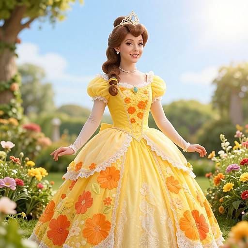 Woman in Yellow Floral Princess Dress in Garden