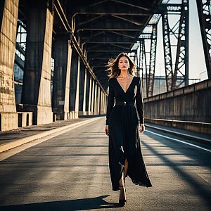 Confident Woman on Urban Bridge in Black Dress