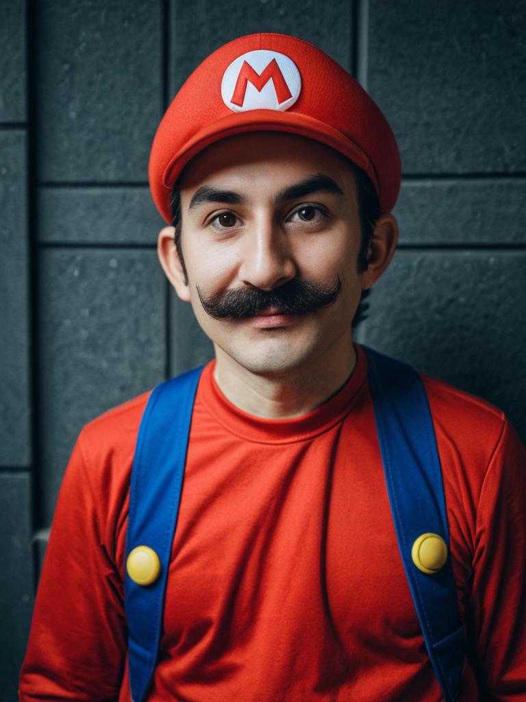 Man in Photorealistic Mario Costume Cosplay Portrait with Cinematic Lighting