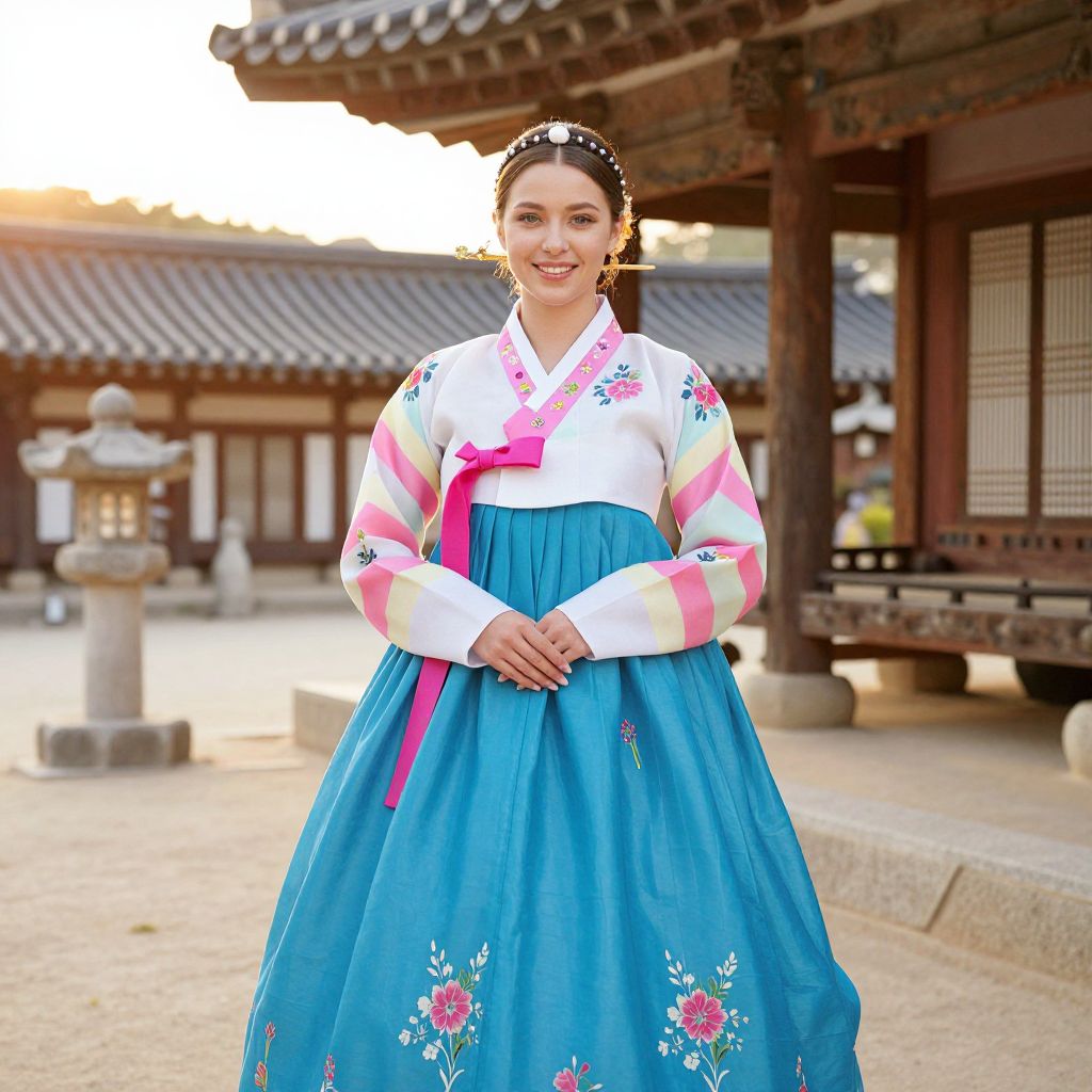 Woman Wearing Traditional Korean Hanbok in Historic Courtyard