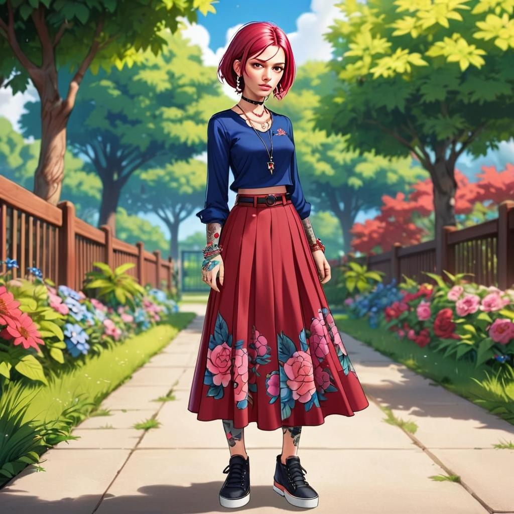 Young Woman in Floral Skirt Standing in Sunny Garden Pathway Digital Art