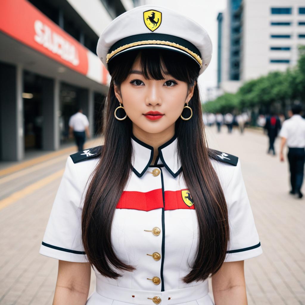 Woman in Ferrari-Emblazoned White Uniform with Cap in Urban Setting