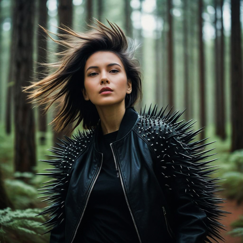 Confident Woman in Spiked Leather Jacket in Forest