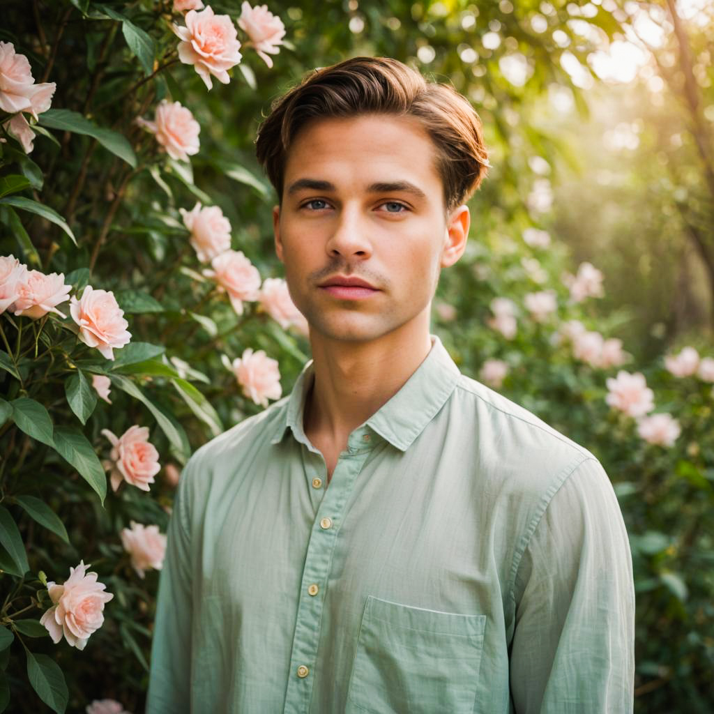 Optimistic Young Man Among Pink Roses