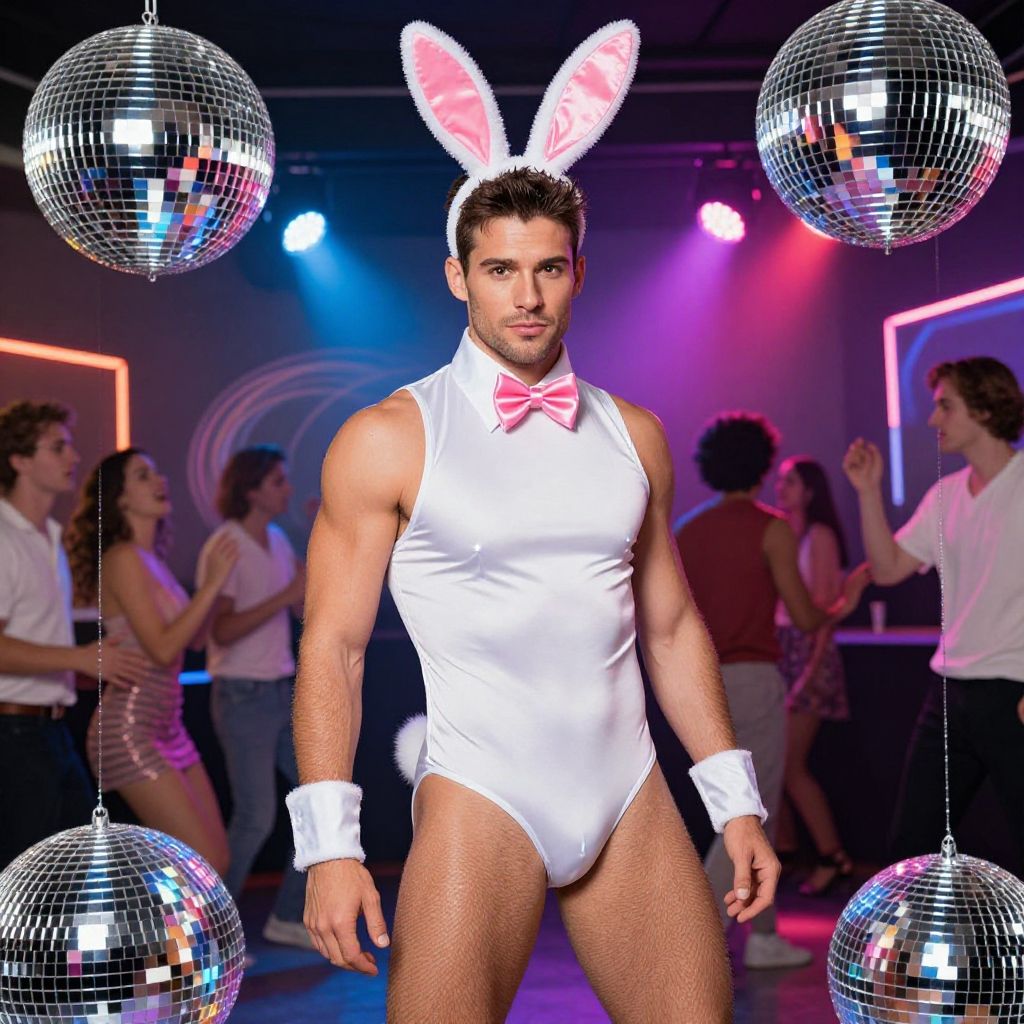 Man in White Bunny Costume at Nightclub Party with Disco Balls