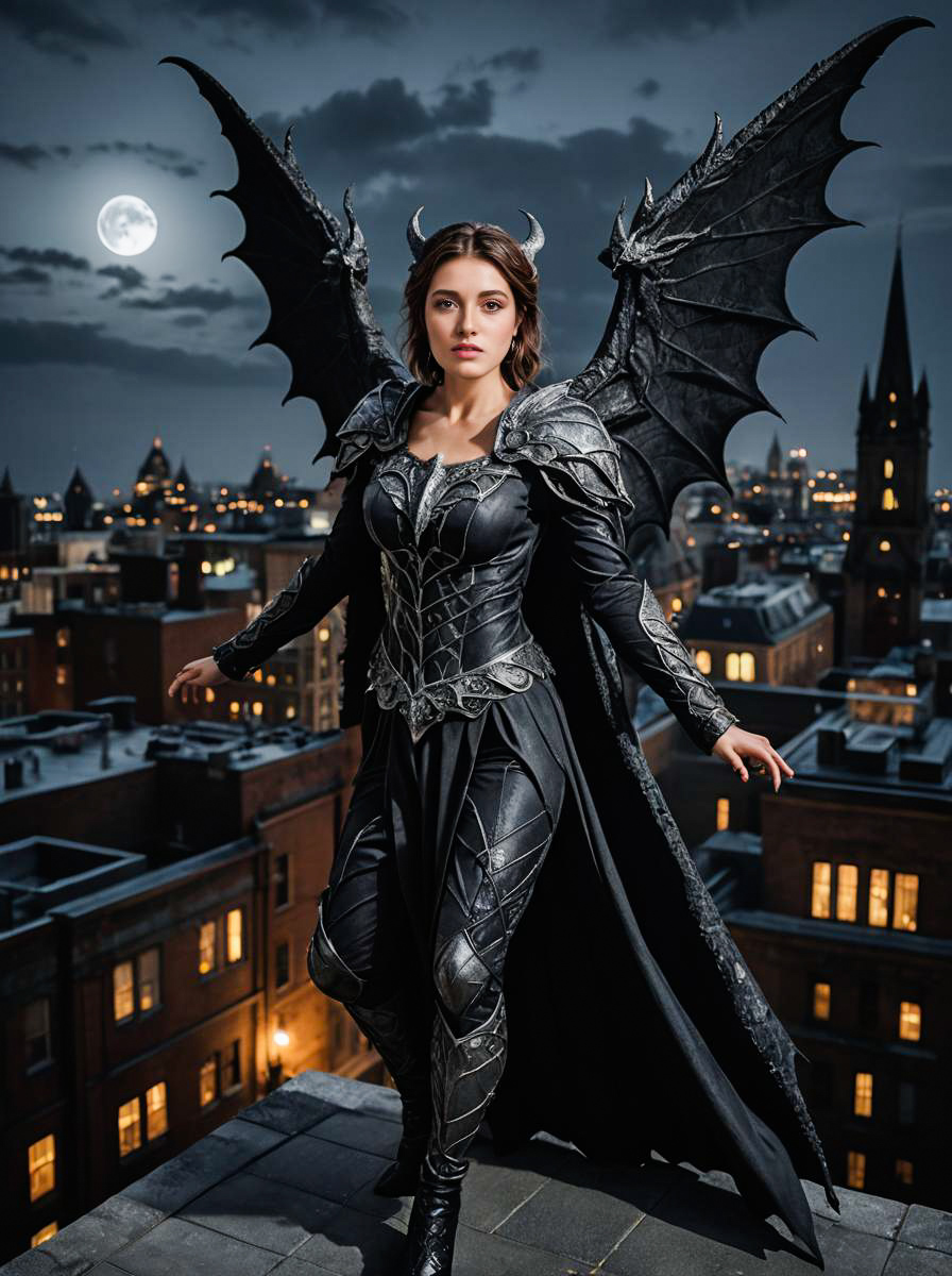 Dramatic Gargoyle Costume Woman Against Night Skyline