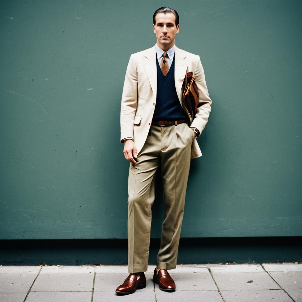 Stylish Man in Beige Suit with Brown Leather Accessories Standing Outdoors