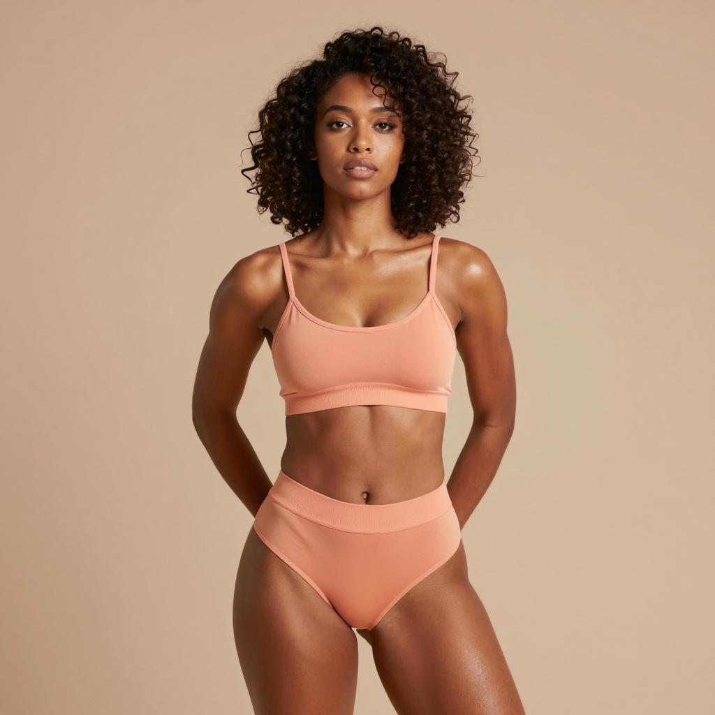 Confident Woman in Peach-Colored Sports Bra and High-Waisted Briefs Activewear