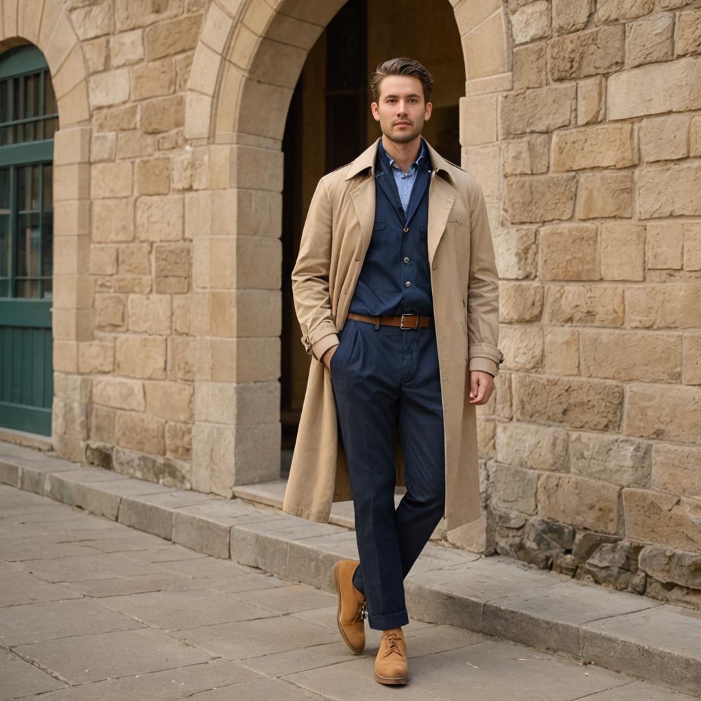 Stylish man in trench coat on stone pathway