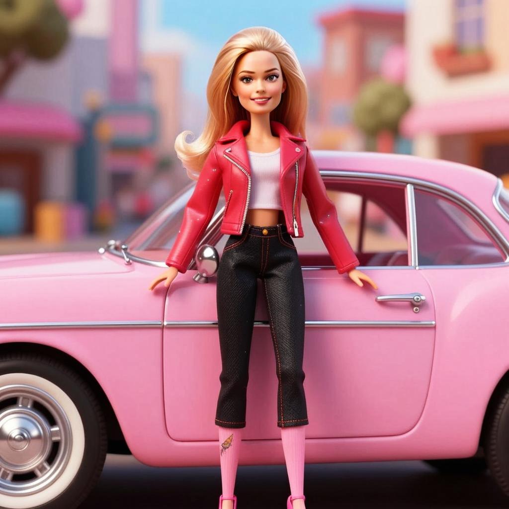 Stylish Blonde Woman in Red Jacket Posing by Vintage Pink Car