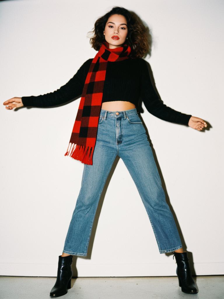 Woman in Casual Streetwear with Cropped Black Cable Knit Sweater and High Waist Jeans