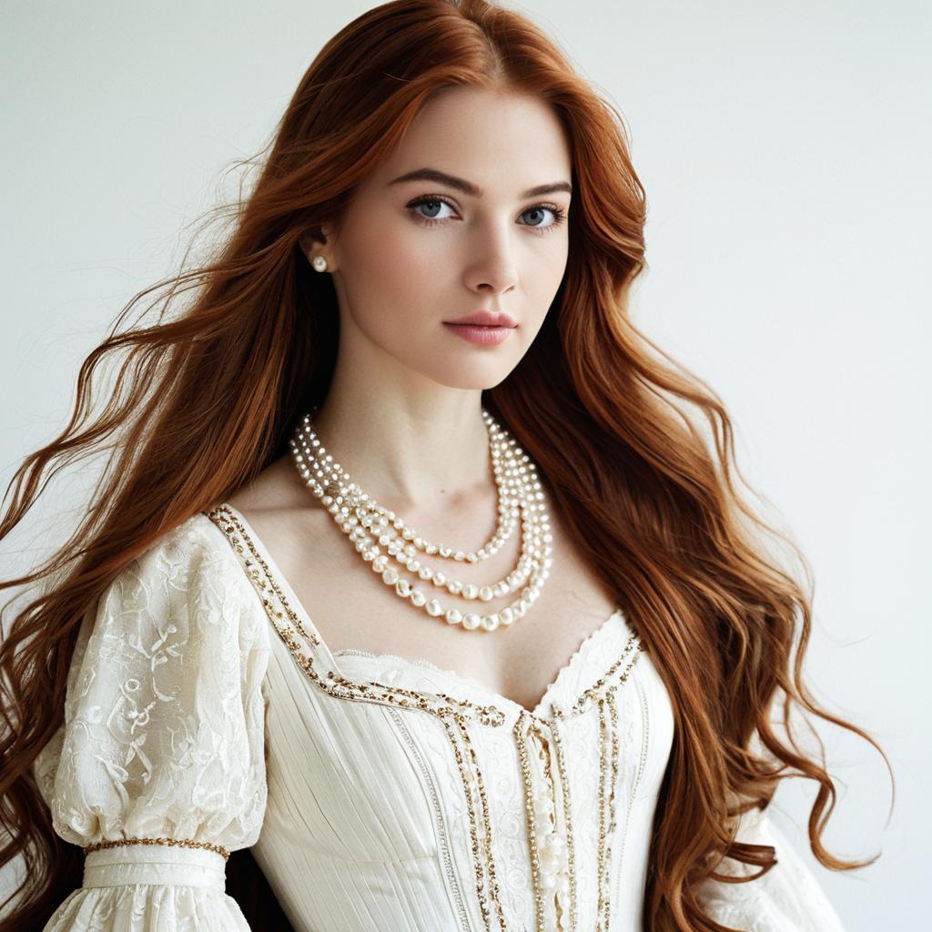 Elegant Woman in Vintage White Gown with Pearl Necklace
